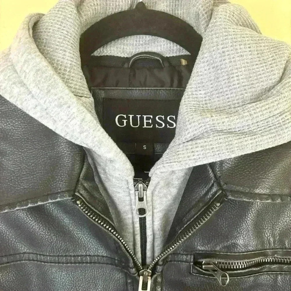 Guess Men Black Faux Leather Double Zip Hooded Coat Moto Bomber Jacket Size S - Picture 7 of 16